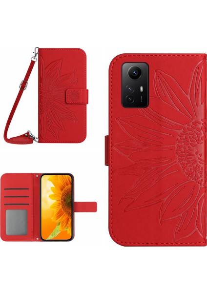 Xiaomi Için HT04 Redmi Not 12S 4g Deri Stand Cüzdan Kapağı Ayçiçeği Baskılı Telefon Kılıfı Omuz Kayışı Kırmızısı (Yurt Dışından)