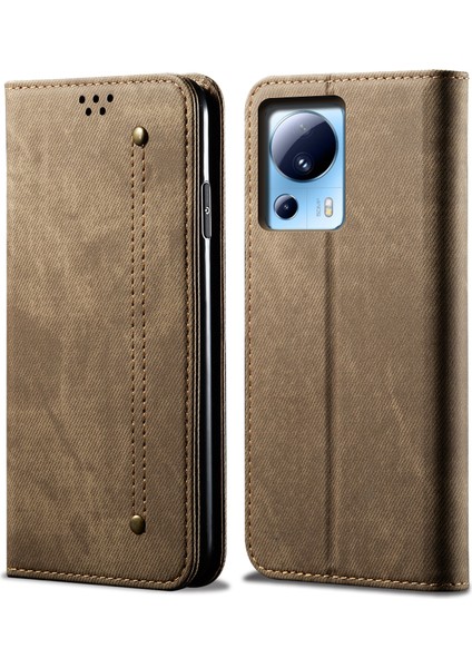 Xiaomi 13 Lite/civi 2 5g Cüzdan Pu Deri Telefon Kapağı Kot Koku Doku Telefon Standı Case-Khaki (Yurt Dışından)