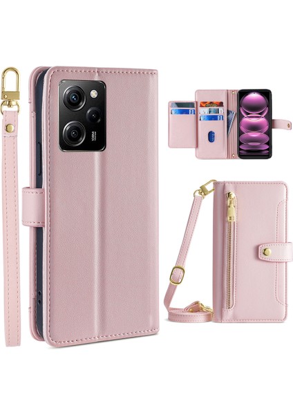 Xiaomi Redmi Için Note 12 Pro Speed ​​5g /note 12 Pro 5g /poco X5 Pro 5g Fermuarı Cep Telefonu Stand Kılıf Kart Kartı Yuvaları Deri Telefon Kapağı Straps-Pink ile (Yurt Dışından)