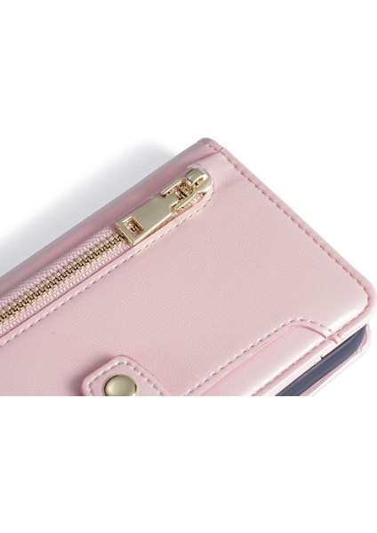 Xiaomi Redmi Için Note 12 Pro Speed ​​5g /note 12 Pro 5g /poco X5 Pro 5g Fermuarı Cep Telefonu Stand Kılıf Kart Kartı Yuvaları Deri Telefon Kapağı Straps-Pink ile (Yurt Dışından) modelleri