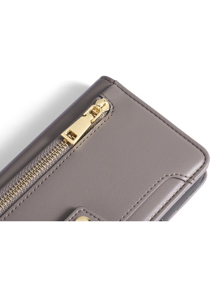 Xiaomi Redmi Için Note 12 Pro Speed ​​5g /note 12 Pro 5g /poco X5 Pro 5g Fermuarı Cep Telefonu Stand Kılıf Kart Kartı Yuvaları Straps-Grey ile Deri Telefon Kapağı (Yurt Dışından) modelleri