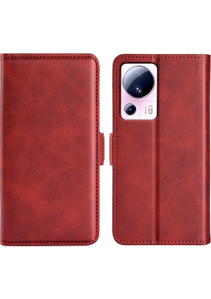 Xiaomi Için 13 Lite/civi 2 5g Buzağı Doku Cep Telefonu Kapak Standı Cüzdan Pu Deri Telefon Kılıf Kırmızısı (Yurt Dışından)