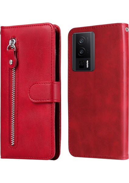 Xiaomi Poco F5 Pro 5g/redmi K60 Pro 5G/K60 5g Fermuarlı Cep Telefonu Kasası Buzağı Doku Pu Deri Standı Cüzdan Kapak-Kırmızı (Yurt Dışından)