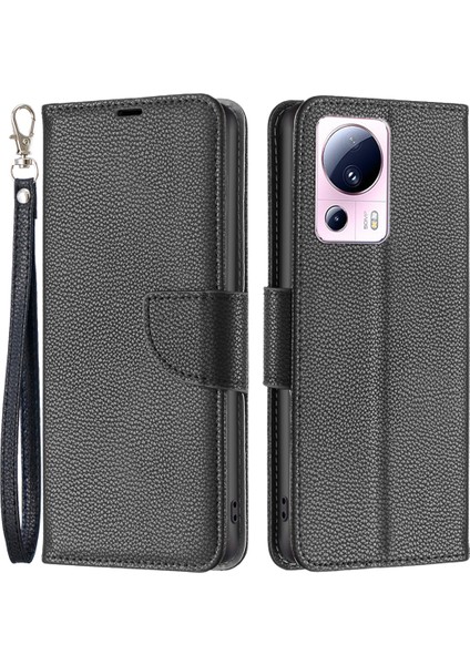 Xiaomi Için 13 Lite/civi 2 5g Pu Deri Cüzdan Kapağı Litchi Doku Doku Stand Telefon Kılıfı Strap-Black (Yurt Dışından)
