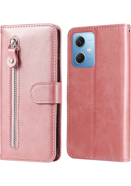 Buzağı Dokusu Xiaomi Redmi Için Telefon Kılıfı Not 12 5g (Global)/(Hindistan)/(Çin)/poco X5 5g Kitap Tarzı Pu Deri Fermuar Cep Flip Cüzdan Kapağı Stand-Pink ile (Yurt Dışından)