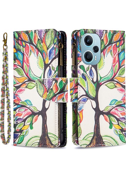 Xiaomi Için Poco F5 5g/redmi Not 12 Turbo BF03 Deri Cüzdan Stand Telefon Kılıfı Zipper Cep Deseni Baskı Kapak Yaşam Ağacı (Yurt Dışından)