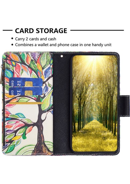 Xiaomi Için Poco F5 5g/redmi Not 12 Turbo BF03 Deri Cüzdan Stand Telefon Kılıfı Zipper Cep Deseni Baskı Kapak Yaşam Ağacı (Yurt Dışından)