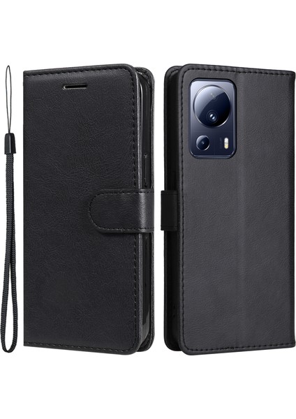 Xiaomi Için Düz Renk Kılıfı 13 Lite/civi 2 5g Pu Deri Telefon Stand Cüzdan Kapağı Strap-Black (Yurt Dışından)