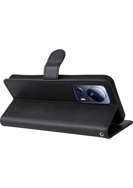 Xiaomi Için Düz Renk Kılıfı 13 Lite/civi 2 5g Pu Deri Telefon Stand Cüzdan Kapağı Strap-Black (Yurt Dışından)