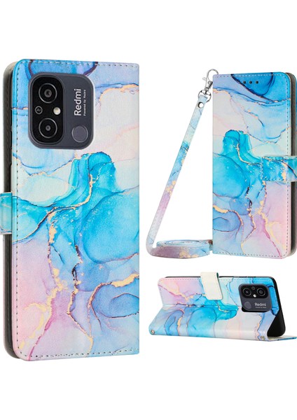 Xiaomi Redmi Için 12C 4g / 11A 4g Telefon Cüzdan Kılıfı Mermer Desen Pu Deri Stand Kapağı Omuz Kayış Pembe / Yeşil (Yurt Dışından)