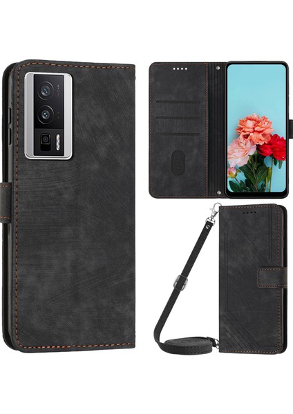 Xiaomi Poco F5 Pro 5g/redmi K60 Pro 5G/K60 5g Deri Telefon Kılıf Hatları Baskılı Stand Telefon Cüzdan Kapak Black (Yurt Dışından)
