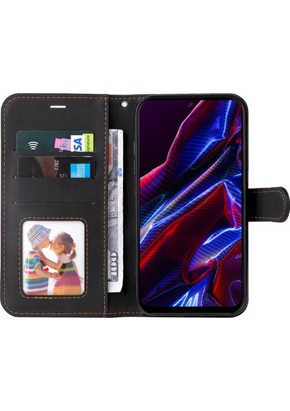 Xiaomi Için Redmi Note 12 5g (Global)/(Hindistan)/(Çin)/poco X5 5g Telefon Deri Kılıf Stand Stand Strap-Black (Yurt Dışından)