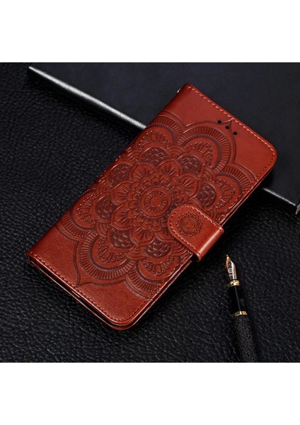 Xiaomi Redmi Için 12C 4g Deri Cüzdan Telefon Kapağı Mandala Baskalı Damla Geçirmez Stand Case-Brown (Yurt Dışından) modelleri