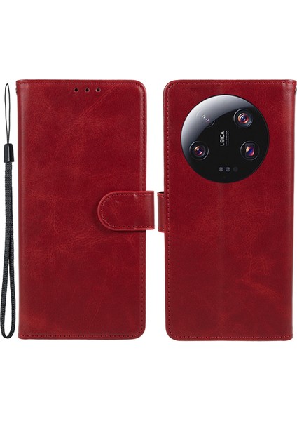 Xiaomi Için 13 Ultra Pu Deri Telefon Kılıf Buzağı Doku Cüzdan Stand Koruyucu Kapak-Kırmızı (Yurt Dışından)