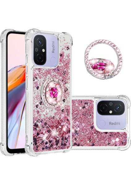 Xiaomi Redmi Için 12C 4G/11A 4g Glitter Case Ring Kickstand Sıvı Tpu Telefon Kapak Golü Altın/kalpler (Yurt Dışından)