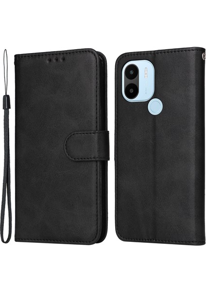 Xiaomi Redmi A1+ 4g/a2+ 4g/poco C50 4g (Parmak Izi Deliği Ile) Buzağı Dokusu Pu Deri Flip Koruyucu Kılıf Cüzdan Stand Tam Koruma Telefon Kapağı Strap-Black (Yurt Dışından)