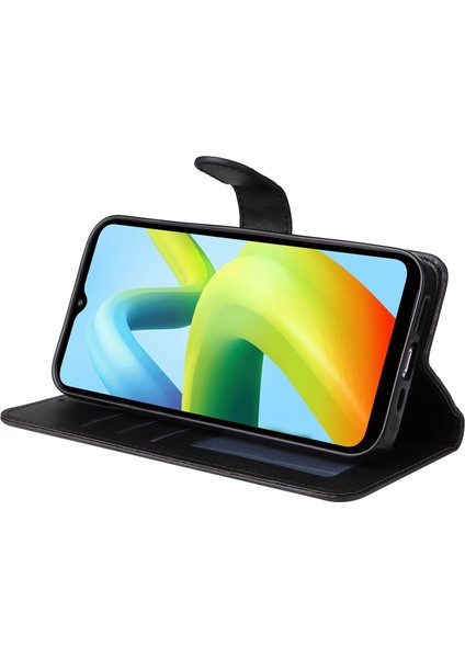 Xiaomi Redmi A1+ 4g/a2+ 4g/poco C50 4g (Parmak Izi Deliği Ile) Buzağı Dokusu Pu Deri Flip Koruyucu Kılıf Cüzdan Stand Tam Koruma Telefon Kapağı Strap-Black (Yurt Dışından)