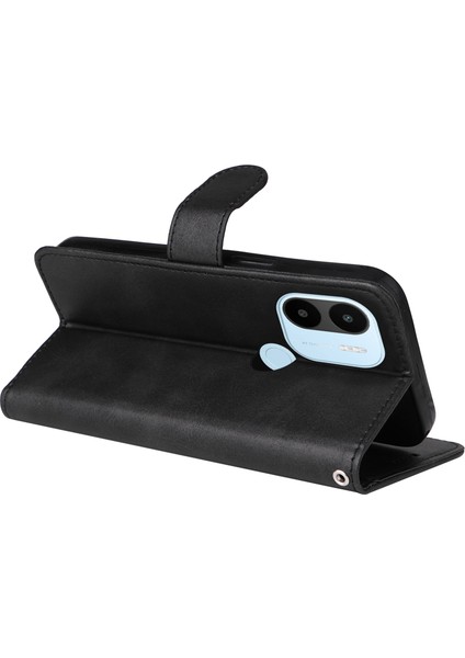 Xiaomi Redmi A1+ 4g/a2+ 4g/poco C50 4g (Parmak Izi Deliği Ile) Buzağı Dokusu Pu Deri Flip Koruyucu Kılıf Cüzdan Stand Tam Koruma Telefon Kapağı Strap-Black (Yurt Dışından)