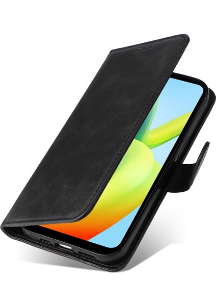 Xiaomi Redmi A1+ 4g/a2+ 4g/poco C50 4g (Parmak Izi Deliği Ile) Buzağı Dokusu Pu Deri Flip Koruyucu Kılıf Cüzdan Stand Tam Koruma Telefon Kapağı Strap-Black (Yurt Dışından)
