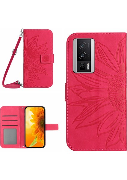 HT04 Cüzdan Flip Kapak Xiaomi Için Poco F5 Pro 5g/redmi K60 5G/K60 Pro 5g, Pu Deri Standı Ayçiçeği Deseni Omuz Askısı Rose ile Baskılı Telefon Kasası (Yurt Dışından)