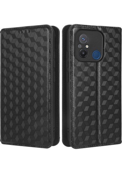 Xiaomi Redmi Için 12C 4G/11A 4g/poco C55 4g Şok Geçirmez Telefon Kasası Baskılı Eşkenar Dörtgen Desen Pu Deri Cüzdan Standı Kapak-Black (Yurt Dışından)