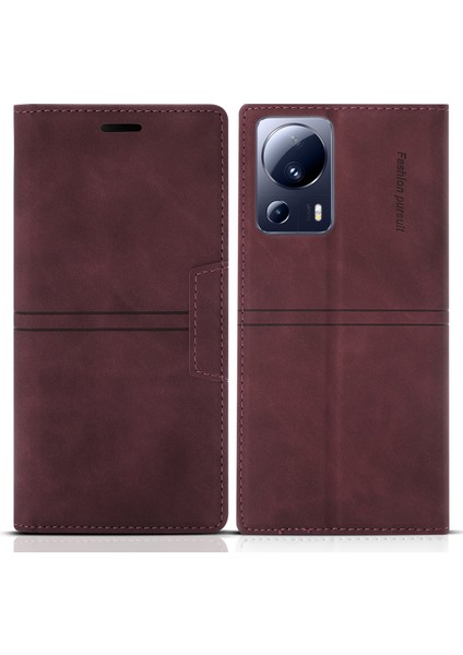Xiaomi Için 13 Lite/civi 2 5g Telefon Stand Pu Pu Deri Folio Flip Cüzdan Telefon Kapak Kırmızısı (Yurt Dışından)