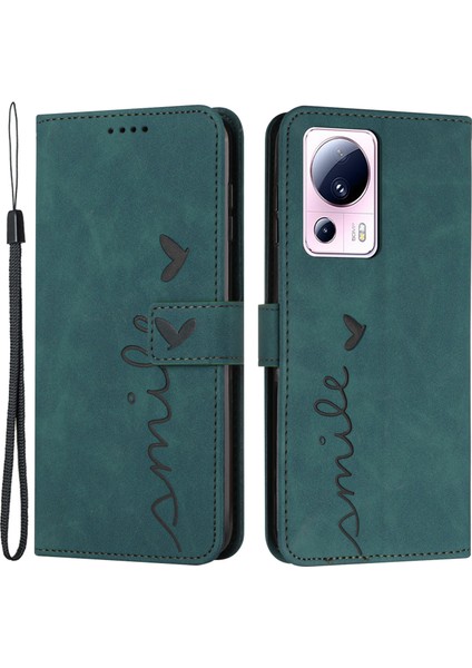 Xiaomi Civi Için 2 5g/13 Lite Flip Shell Baskılı Kalp Şekli Pu Deri Telefon Cüzdan Kılıfı Stand Yeşili (Yurt Dışından)