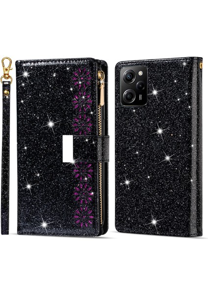 Xiaomi 13 Lite/civi 2 5g Fermuarı Cüzdan Deri Telefon Kılıfı Stand Lazer Oyma Hafif Telefon Kapağı Strap-Black (Yurt Dışından)