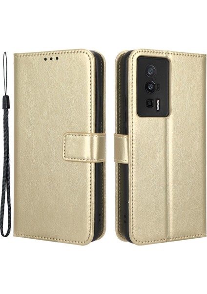 Xiaomi Için Deri Telefon Kılıfı Poco F5 Pro 5g/redmi K60 Pro 5G/K60 5G/K60 Şampiyon Edition Çılgın At Doku Doku Stand Cüzdan Cep Telefonu Kapak Strap-Gold (Yurt Dışından)