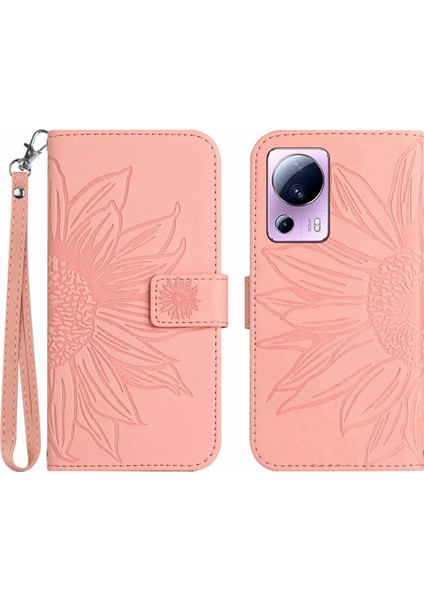 Xiaomi 13 Lite/civi 2 5g HT04 Pu Deri Telefon Kasası Ayçiçeği Baskılı Flip Cüzdan Stand Anti-Düşme Telefonu Kapak Işığı Pembe (Yurt Dışından)