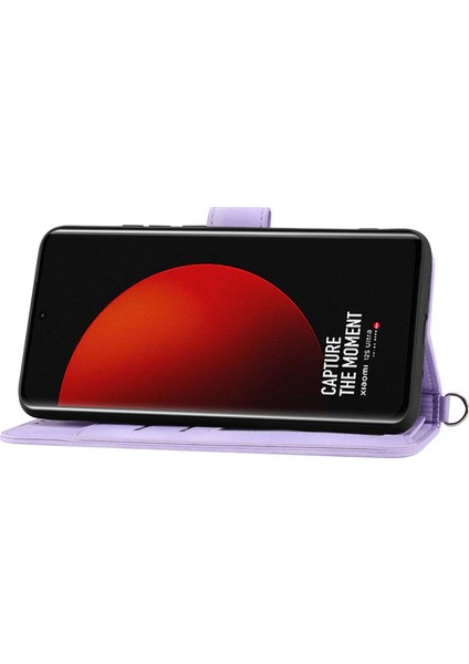 Xiaomi 12S Için Ultra 5g Baskılı Çiçekler Cilt Touch Pu Deri Stand Cüzdanı Çoklu Kart Yuvaları Telefon Kapağı Bilek Kayışı ve Omuz Kayışı Işık Moru (Yurt Dışından)