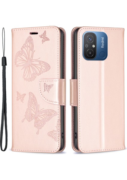 Xiaomi Redmi Için 12C 4g Şok Geçirmez Kasa Pu Deri Telefon Kılıfı Cüzdan Stand Kapağı Strap-Rose Gold (Yurt Dışından)