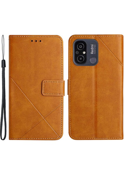 Xiaomi Redmi Için 12C 4g Hat Çizgisi Desenli Telefon Kılıfı Düz ​​renk Pu Deri Deri Flip Cüzdan Kapağı Stand-Sarı ile (Yurt Dışından)