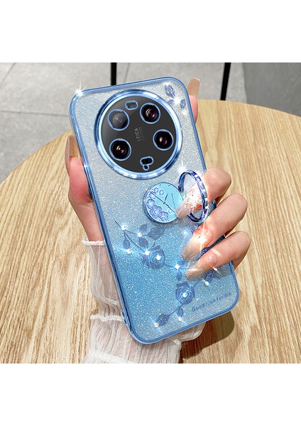 Xiaomi Için 13 Ultra Çiçek Deseni Pırıltılı Şok Geçirmez Tpu Kapak Yüzüğü Kickstand Telefon Vaka-Mavisi (Yurt Dışından) modelleri