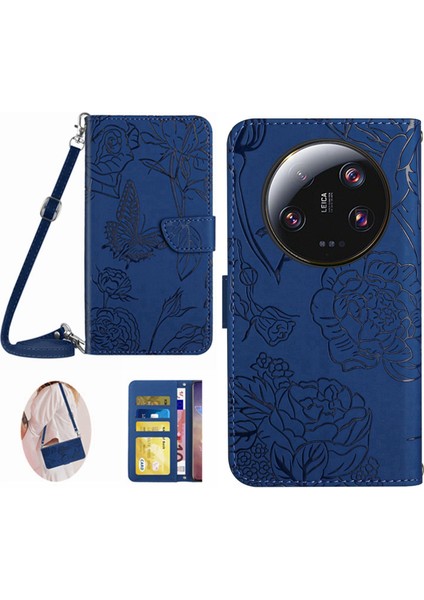 HT03 Xiaomi Için Telefon Kılıfı 13 Ultra Pu Deri Kelebek Çiçekleri Baskılı Stand Cüzdan Kapağı Omuz Kayışı Mavisi (Yurt Dışından)