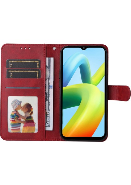 Xiaomi Redmi A1+ 4g/a2+ 4g/poco C50 4g (Parmak Izi Deliği Ile) Buzağı Doku Pu Deri Flip Koruyucu Kılıf Cüzdan Stand Tam Koruma Telefon Kapağı Kayış-Kırmızı ile (Yurt Dışından)