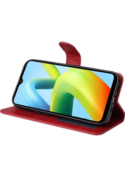 Xiaomi Redmi A1+ 4g/a2+ 4g/poco C50 4g (Parmak Izi Deliği Ile) Buzağı Doku Pu Deri Flip Koruyucu Kılıf Cüzdan Stand Tam Koruma Telefon Kapağı Kayış-Kırmızı ile (Yurt Dışından) modelleri