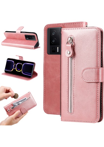 Xiaomi Için Redmi K60 Pro 5G/K60 5g/poco F5 Pro 5g Telefon Kılıfı Stand Kabuk Buzağı Dokusu Fermuar Cep Cüzdanı Kapak Gül Pembe (Yurt Dışından)