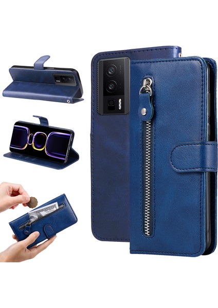 Xiaomi Redmi K60 Pro 5G/K60 5g/poco F5 Pro 5g Telefon Kılıfı Stand Kabuk Buzağı Dokusu Fermuar Cep Cüzdanı Kapak Mavisi (Yurt Dışından)