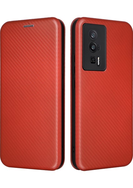 Xiaomi Poco F5 Pro 5g/redmi K60 Pro 5G/K60 5g Kart Pu Deri Manyetik Auto-Absorbed Stand Karbon Fiber Doku Telefon Kapak-Kırmızı (Yurt Dışından)