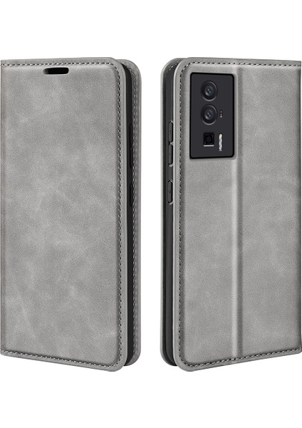 Xiaomi Için Poco F5 Pro 5g/redmi K60 Pro 5G/K60 5g Cilt Touch Hissed Hissedar Manyetik Oto Ahmsorbed Cüzdan Pu Deri Deri Flip Stand Telefon Kapağı-Grey (Yurt Dışından)
