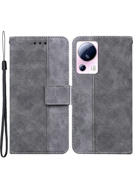 Xiaomi Için 13 Lite/civi 2 5g Cüzdan Deri Kılıf Geometri Deseni Baskılı Telefon Stand Kapak-Grey (Yurt Dışından)