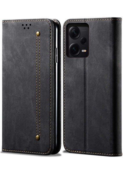 Xiaomi Redmi Için Note 12 Pro 5g /note 12 Pro Hız 5g /poco X5 Pro 5g Kot Ceza Doku Pu Deri Telefon Kılıf Standı Manyetik Emilim Cüzdan Flip Cover-Black (Yurt Dışından)