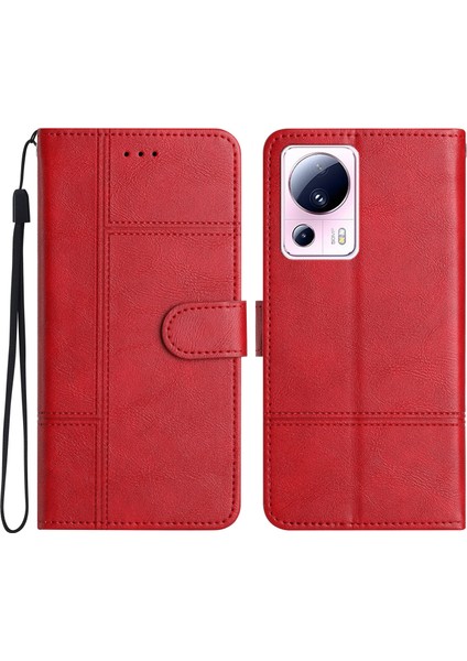 Xiaomi 13 Lite/civi 2 5g Pu Deri Telefon Cüzdan Çizgisi Baskılı Cowhide Doku Stand Kapak-Kırmızı (Yurt Dışından)