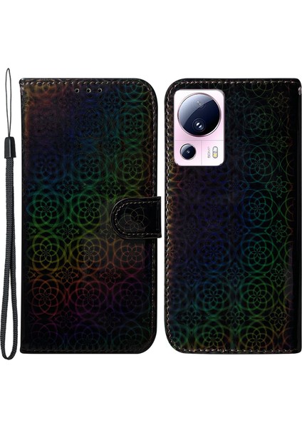 Xiaomi Için 13 Lite/civi 2 5g Pu Deri Cüzdan Telefon Kılıf Göz Kamaştırıcı Çiçek Desen Flip Stand Şok Geçirmez Kabuk-Black (Yurt Dışından)