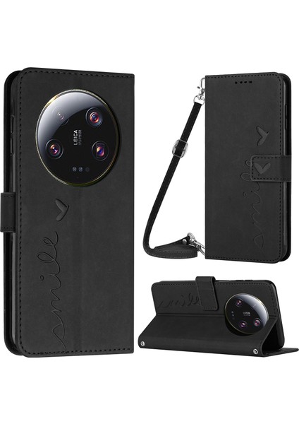 Xiaomi Için 13 Ultra Pu Deri Stand Kapak Kalp Şekli Cüzdan Telefon Kılıfı Omuz Kayışı Black (Yurt Dışından)