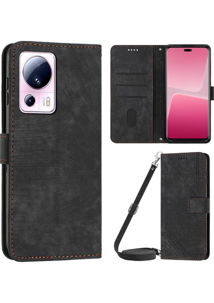 Xiaomi 13 Lite/civi 2 5g Cüzdan Kılıfı Cilt Touch Pu Deri Çizgiler Baskılı Stand Flip Telefon Kapağı Black (Yurt Dışından)