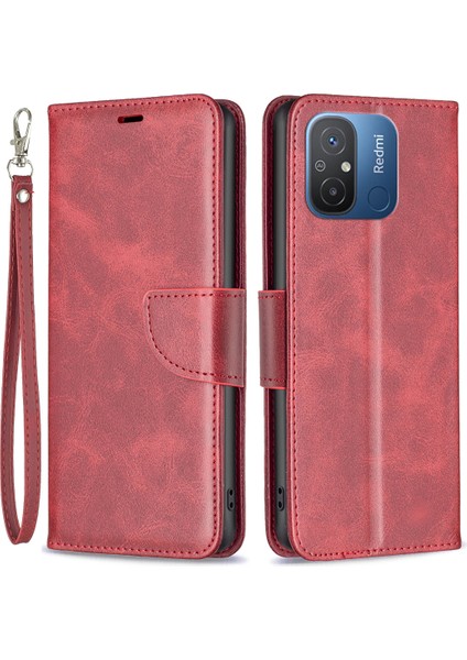 Xiaomi Redmi Için Cüzdan Telefon Kılıfı 12C 4g Çizgi Anti-Çizelge Standı Kapak Kayış Kırmızılı Flip Deri Kapağı (Yurt Dışından)
