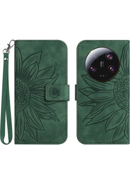 Xiaomi Için HT04 13 Ultra Anti-Dust Ayçiçeği Desen Cüzdan Kapağı Pu Deri Stand Telefon Kılıfı El Strap-Dark Yeşil (Yurt Dışından)