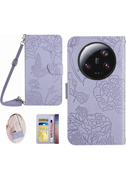 HT03 Xiaomi Için Telefon Kılıfı 13 Ultra Pu Deri Kelebek Çiçekleri Baskılı Stand Cüzdan Kapağı Omuz Kayışı Morası (Yurt Dışından)